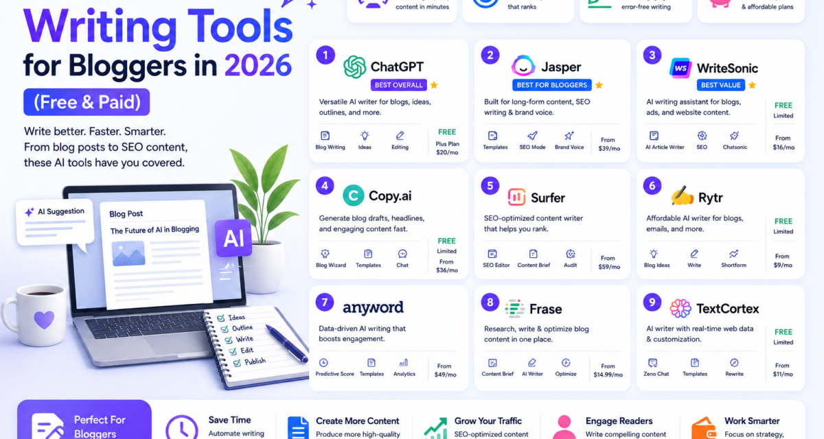 Best AI Writing Tools for Bloggers in 2026 (Free & Paid, Tested)